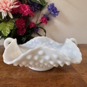 Fenton Hobnail Milk Glass Bowl Vintage White Ruffled‎ Double Handle Dish